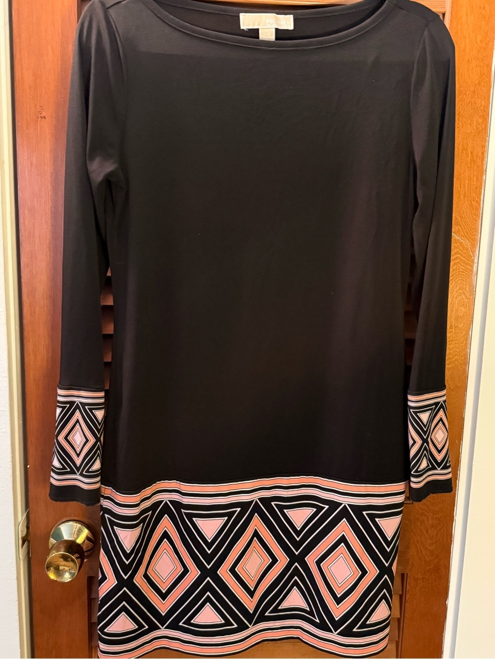 Michael Kors Black Long-Sleeve Shift Dress with Pink & Peach Geometric Trim